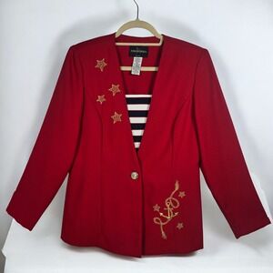 VTG John Roberts‎ Petite Blazer Jacket 10P Red Nautical Anchor Stars Embellished